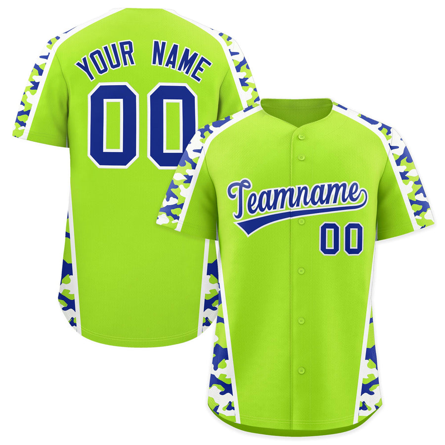 Custom Neon Green Royal Blue Side Camo Style Personalization Baseball Jersey | BuyFootballJersey