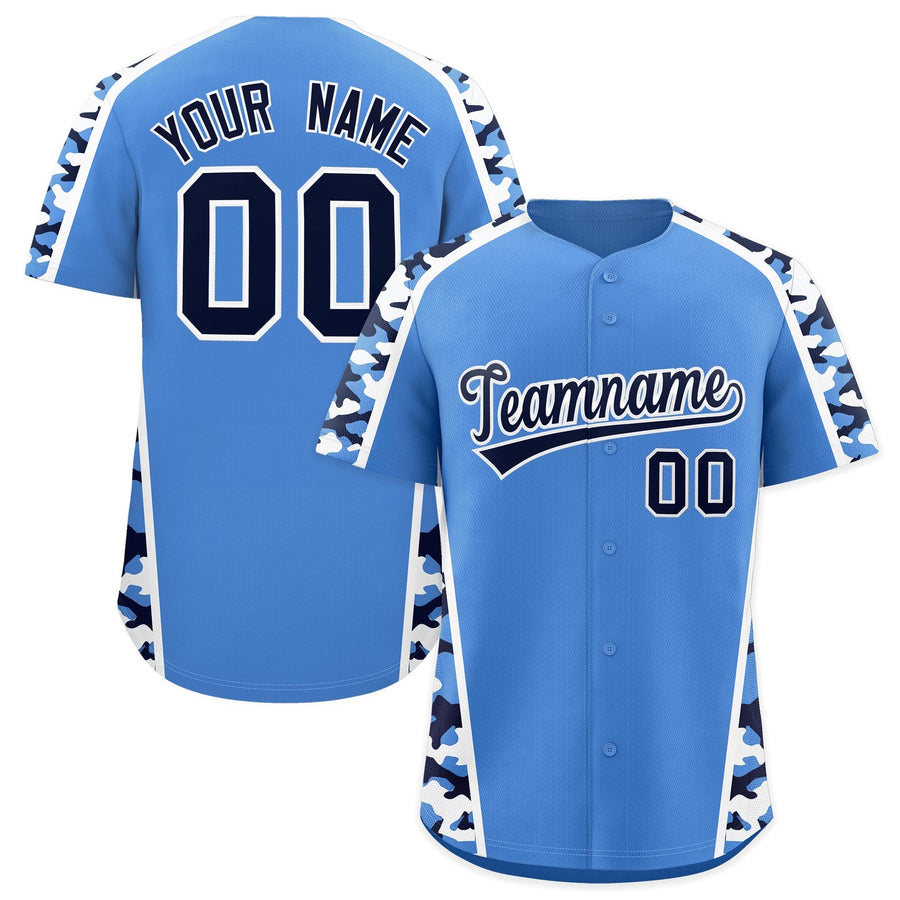 Custom Powder Blue Navy Side Camo Style Personalization Baseball Jersey | BuyFootballJersey