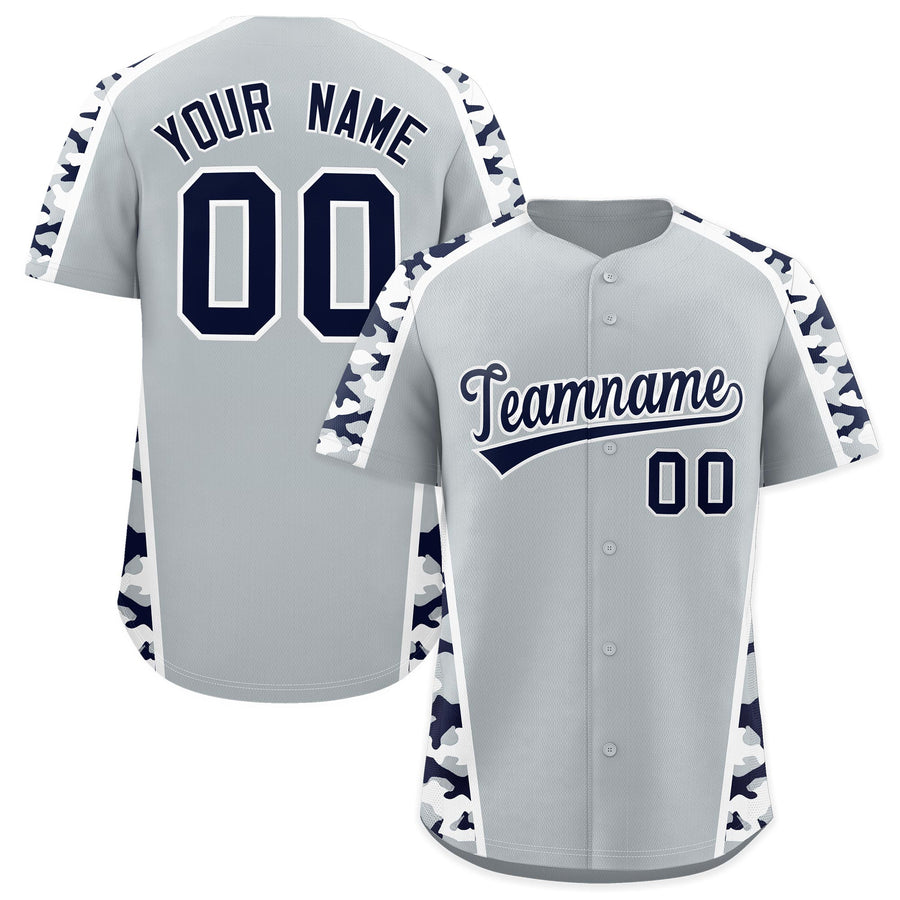 Custom Silver Navy Side Camo Style Personalization Baseball Jersey | BuyFootballJersey