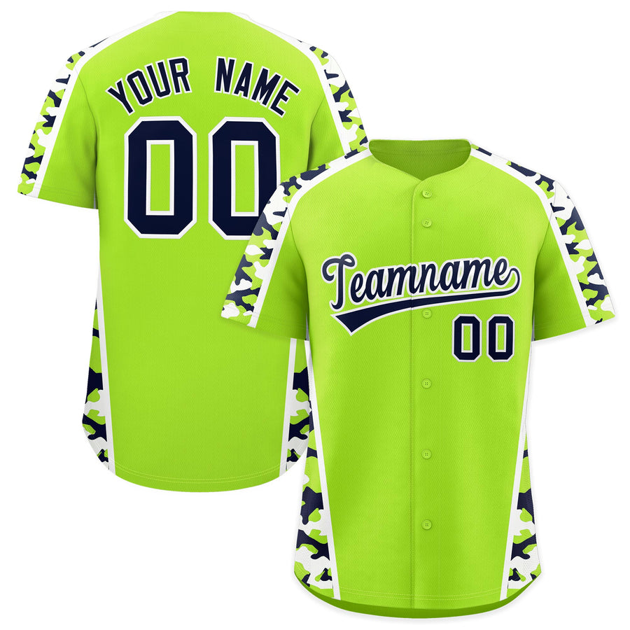 Custom Neon Green Navy Side Camo Style Personalization Baseball Jersey | BuyFootballJersey