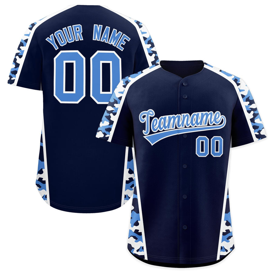 Custom Navy Powder Blue Side Camo Style Personalization Baseball Jersey | BuyFootballJersey