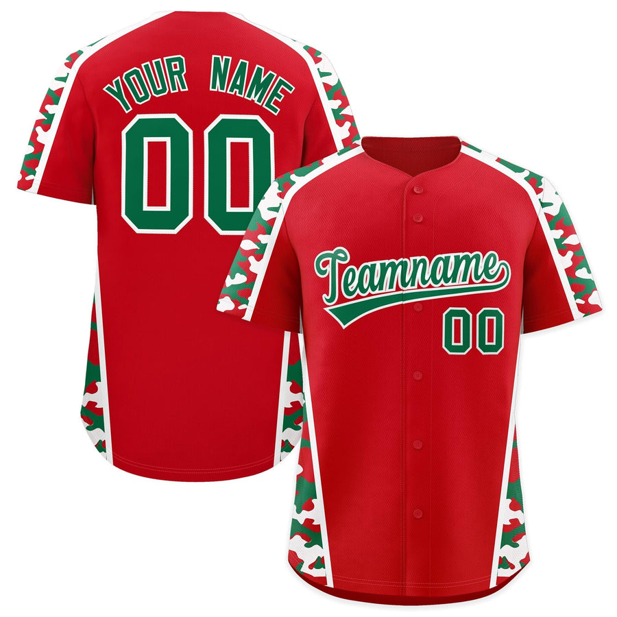 Custom Red Kelly Green Side Camo Style Personalization Baseball Jersey | BuyFootballJersey