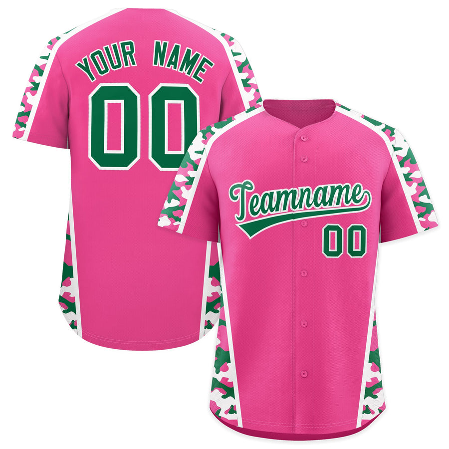 Custom Pink Kelly Green Side Camo Style Personalization Baseball Jersey | BuyFootballJersey