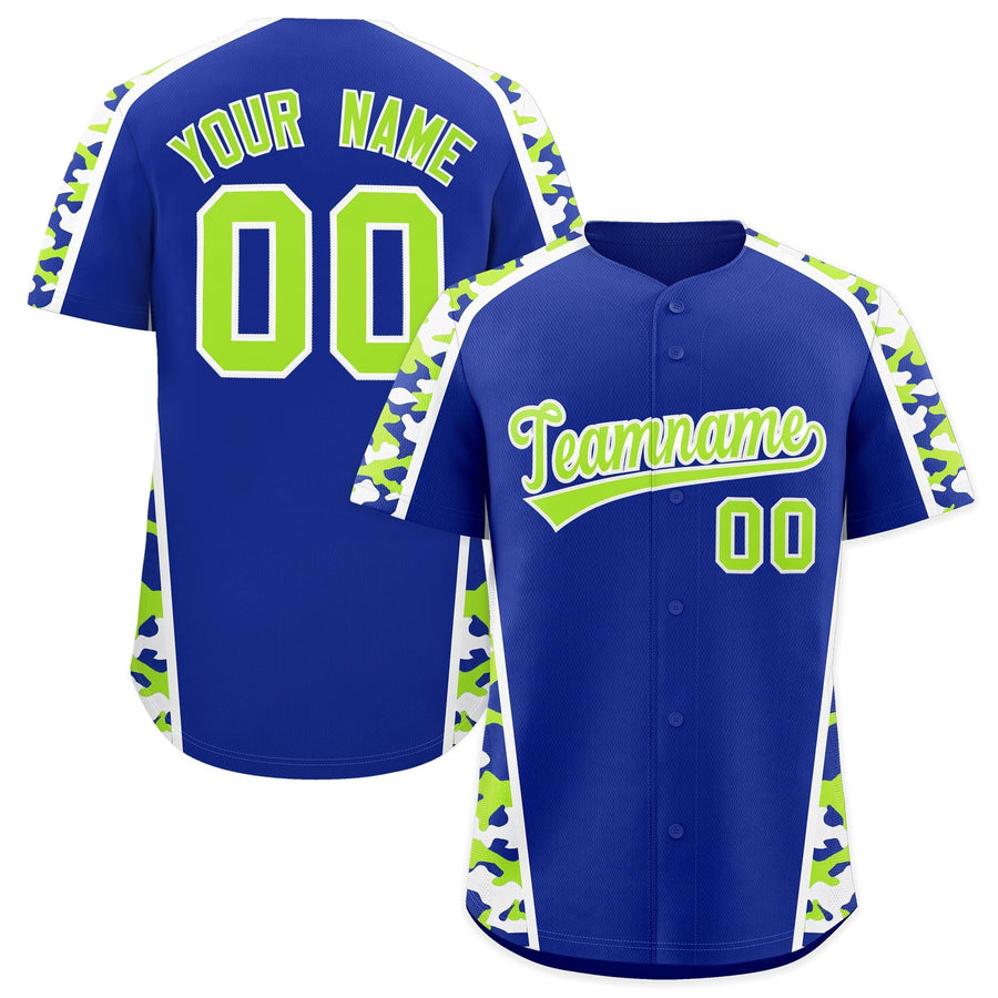 Custom Royal Blue Neon Green Side Camo Style Personalization Baseball Jersey | BuyFootballJersey