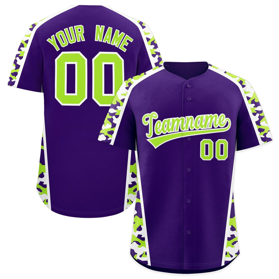 Custom Purple Neon Green Side Camo Style Personalization Baseball Jersey | BuyFootballJersey