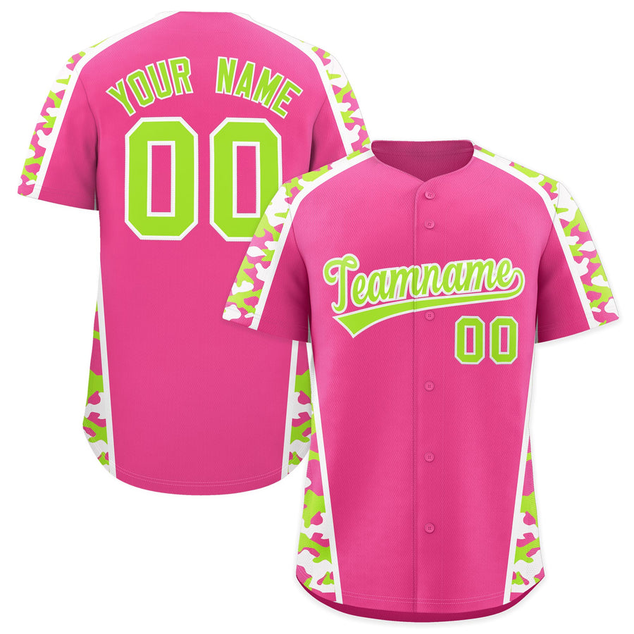 Custom Pink Neon Green Side Camo Style Personalization Baseball Jersey | BuyFootballJersey