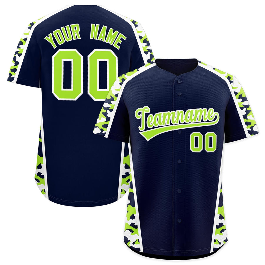 Custom Navy Neon Green Side Camo Style Personalization Baseball Jersey | BuyFootballJersey