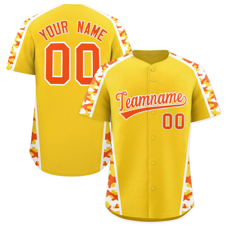 Custom Yellow Orange Side Camo Style Personalization Baseball Jersey | BuyFootballJersey
