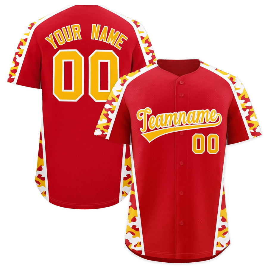 Custom Red Yellow Side Camo Style Personalization Baseball Jersey | BuyFootballJersey