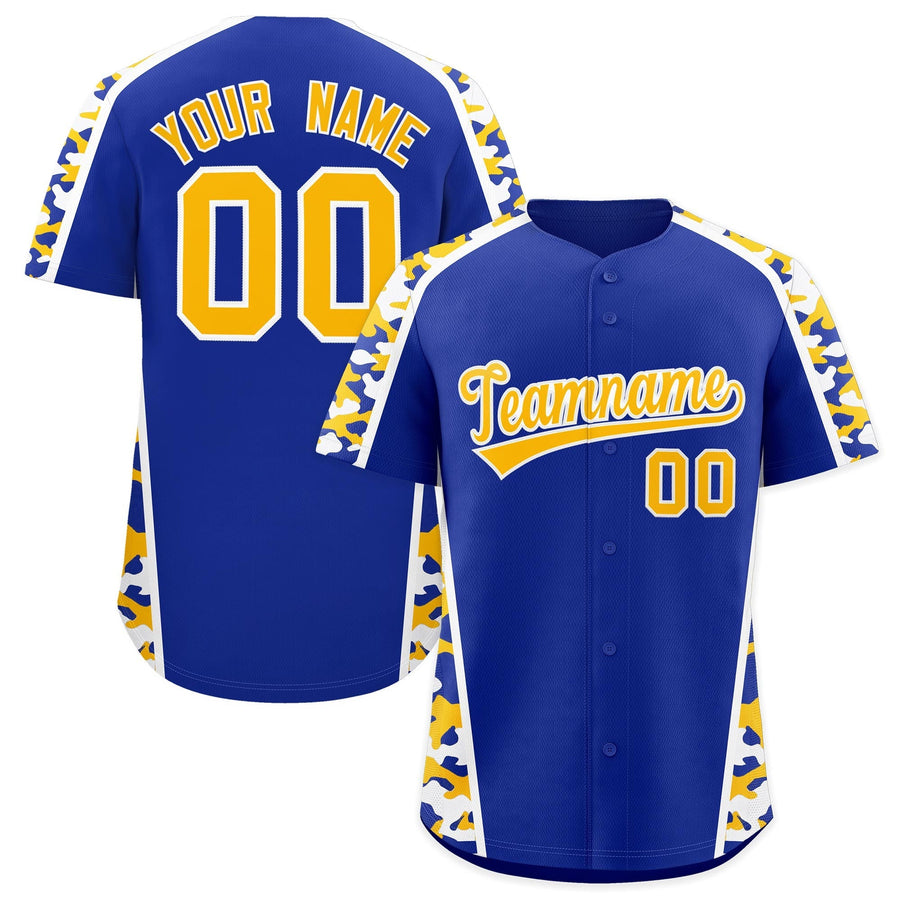 Custom Royal Blue Yellow Side Camo Style Personalization Baseball Jersey | BuyFootballJersey
