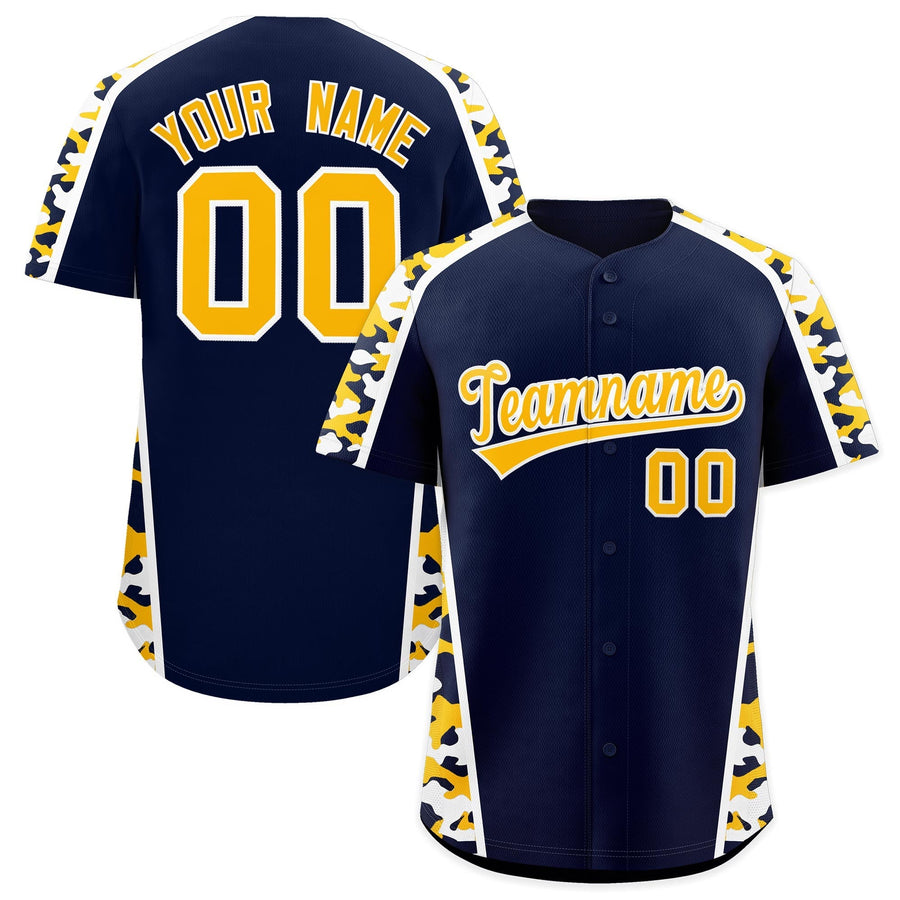 Custom Navy Yellow Side Camo Style Personalization Baseball Jersey | BuyFootballJersey