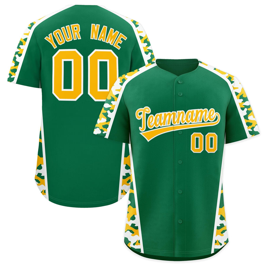 Custom Kelly Green Yellow Side Camo Style Personalization Baseball Jersey | BuyFootballJersey