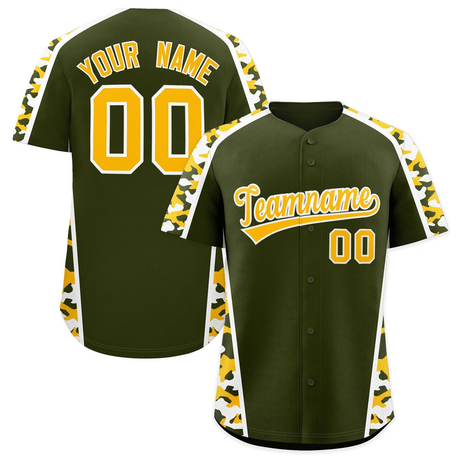 Custom Olive Yellow Side Camo Style Personalization Baseball Jersey | BuyFootballJersey