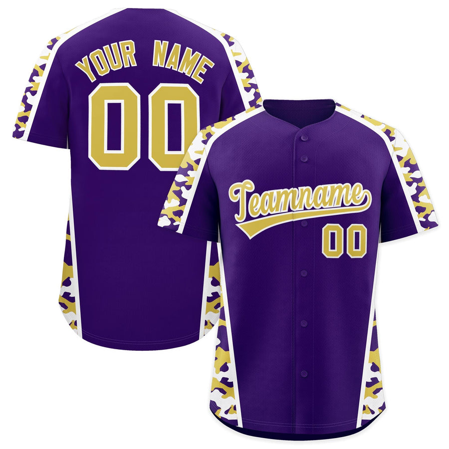 Custom Purple Old Gold Side Camo Style Personalization Baseball Jersey | BuyFootballJersey