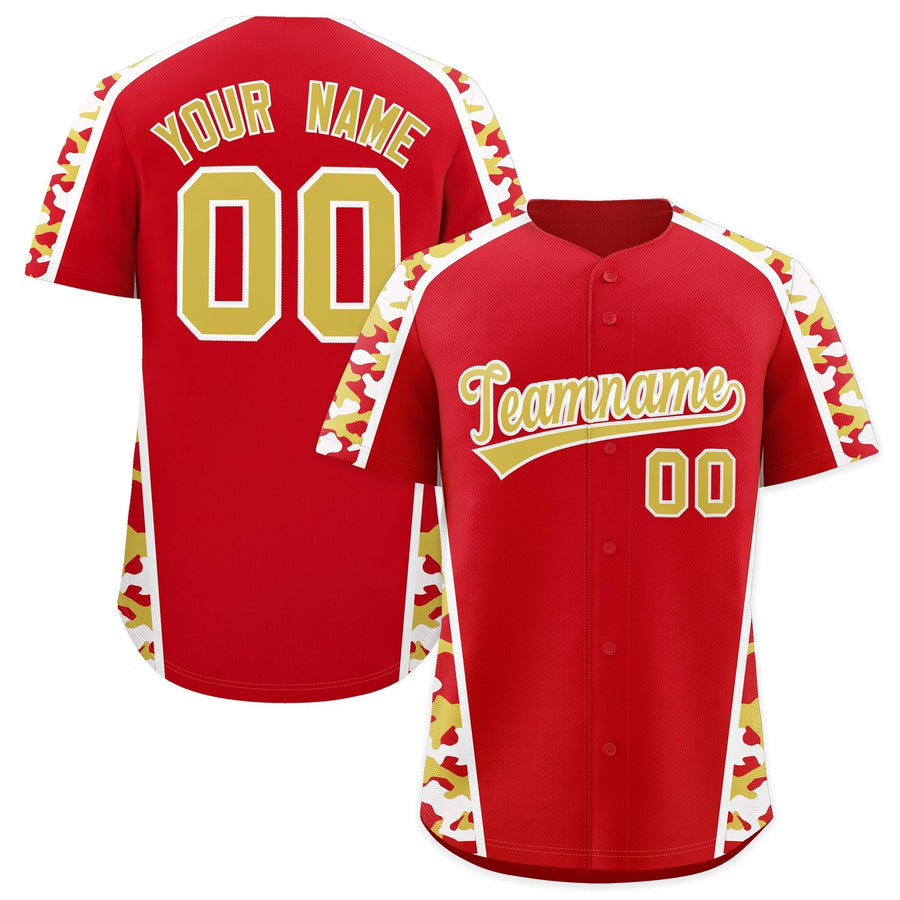 Custom Red Old Gold Side Camo Style Personalization Baseball Jersey | BuyFootballJersey