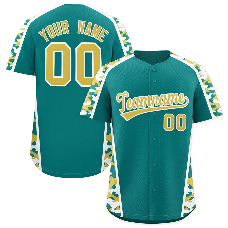 Custom Teal Old Gold Side Camo Style Personalization Baseball Jersey | BuyFootballJersey