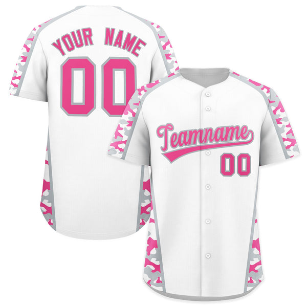 Custom White Pink Side Camo Style Personalization Baseball Jersey | BuyFootballJersey