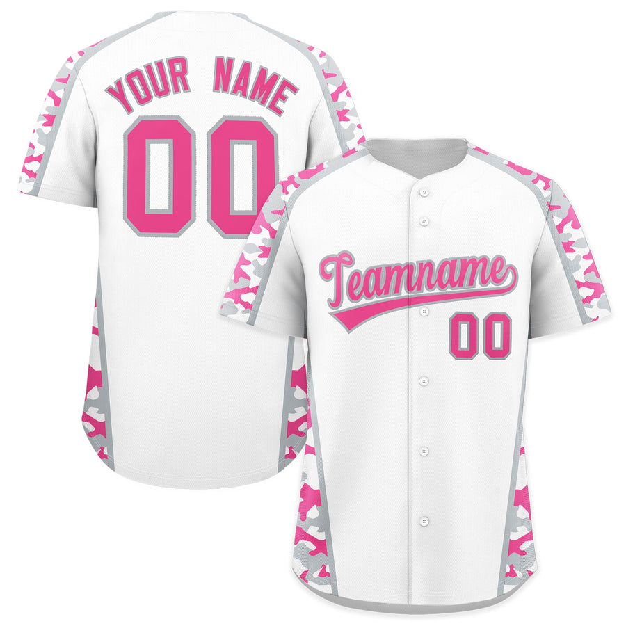 Custom White Pink Side Camo Style Personalization Baseball Jersey | BuyFootballJersey