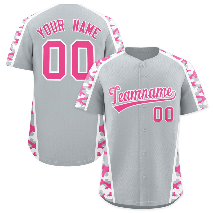 Custom Silver Pink Side Camo Style Personalization Baseball Jersey | BuyFootballJersey