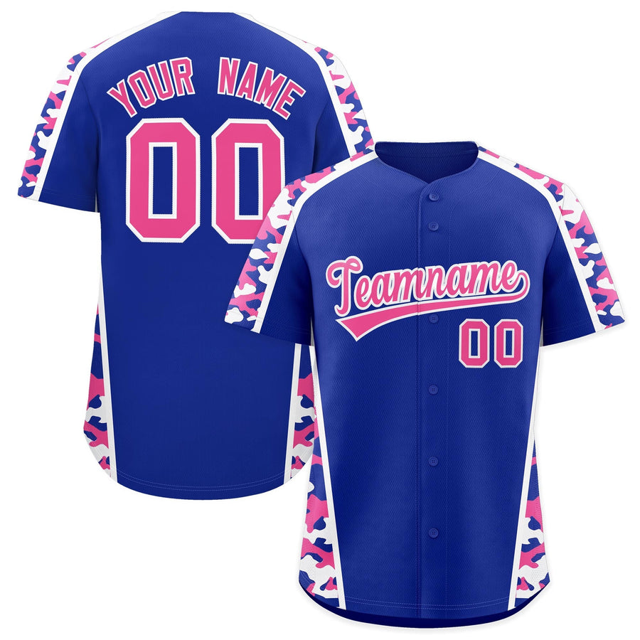 Custom Royal Blue Pink Side Camo Style Personalization Baseball Jersey | BuyFootballJersey