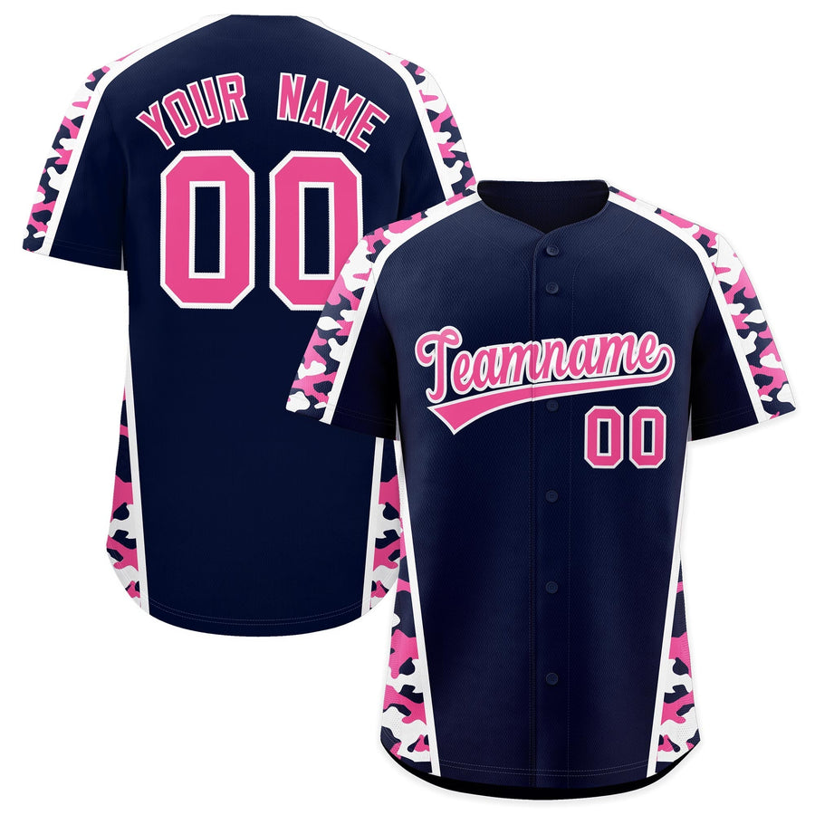 Custom Navy Pink Side Camo Style Personalization Baseball Jersey | BuyFootballJersey