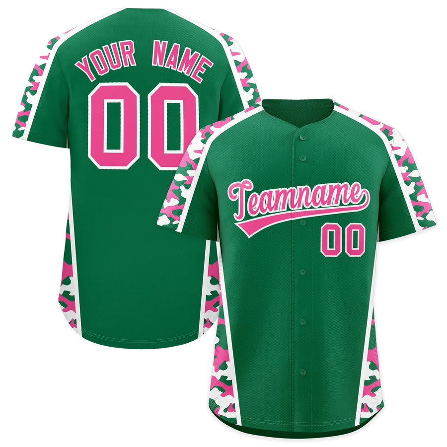 Custom Kelly Green Pink Side Camo Style Personalization Baseball Jersey | BuyFootballJersey