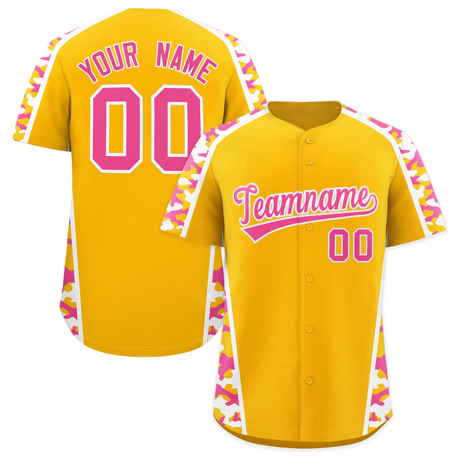 Custom Yellow Pink Side Camo Style Personalization Baseball Jersey | BuyFootballJersey