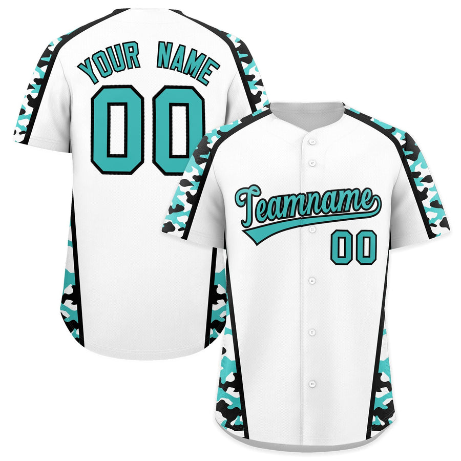 Custom White Teal Side Camo Style Personalization Baseball Jersey | BuyFootballJersey