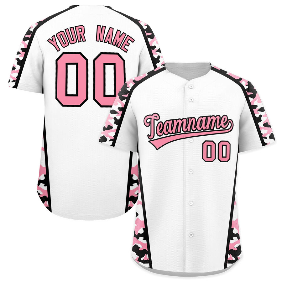 Custom White Light Pink Side Camo Style Personalization Baseball Jersey | BuyFootballJersey