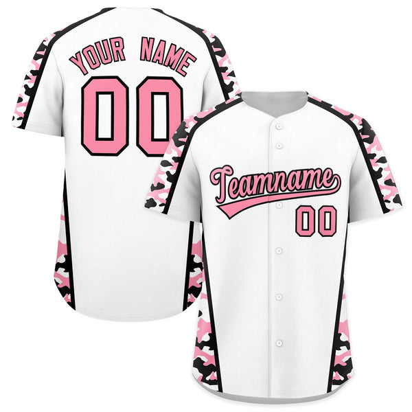 Custom White Light Pink Side Camo Style Personalization Baseball Jersey | BuyFootballJersey