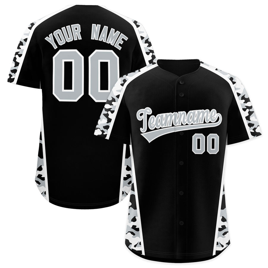 Custom Black Silver Side Camo Style Personalization Baseball Jersey | BuyFootballJersey
