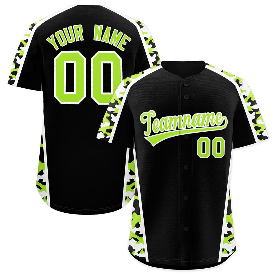 Custom Black Neon Green Side Camo Style Personalization Baseball Jersey | BuyFootballJersey