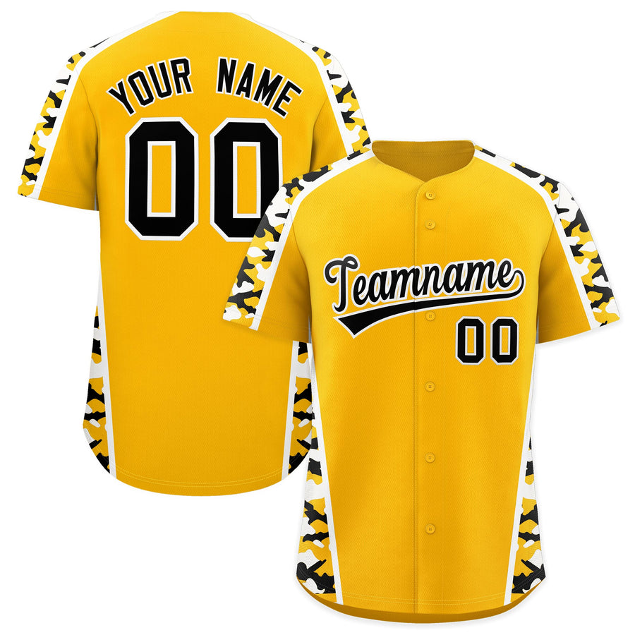 Custom Yellow Black Side Camo Style Personalization Baseball Jersey | BuyFootballJersey