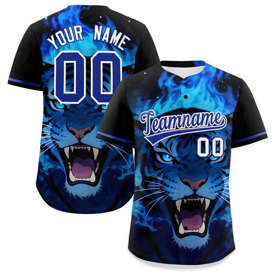 Custom Black Royal Blue White Tiger Animal Series Personalization Graffiti Pattern Baseball Jersey | BuyFootballJersey