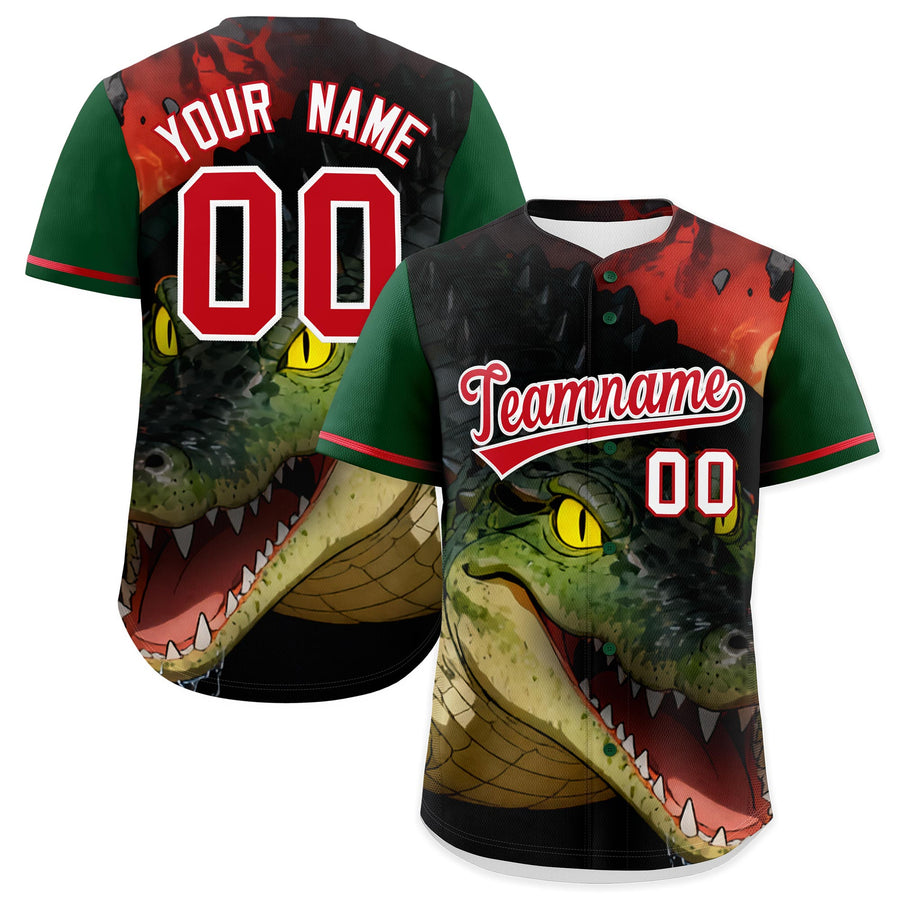 Custom Dark Green Red White Crocodile Animal Series Personalization Graffiti Pattern Baseball Jersey | BuyFootballJersey