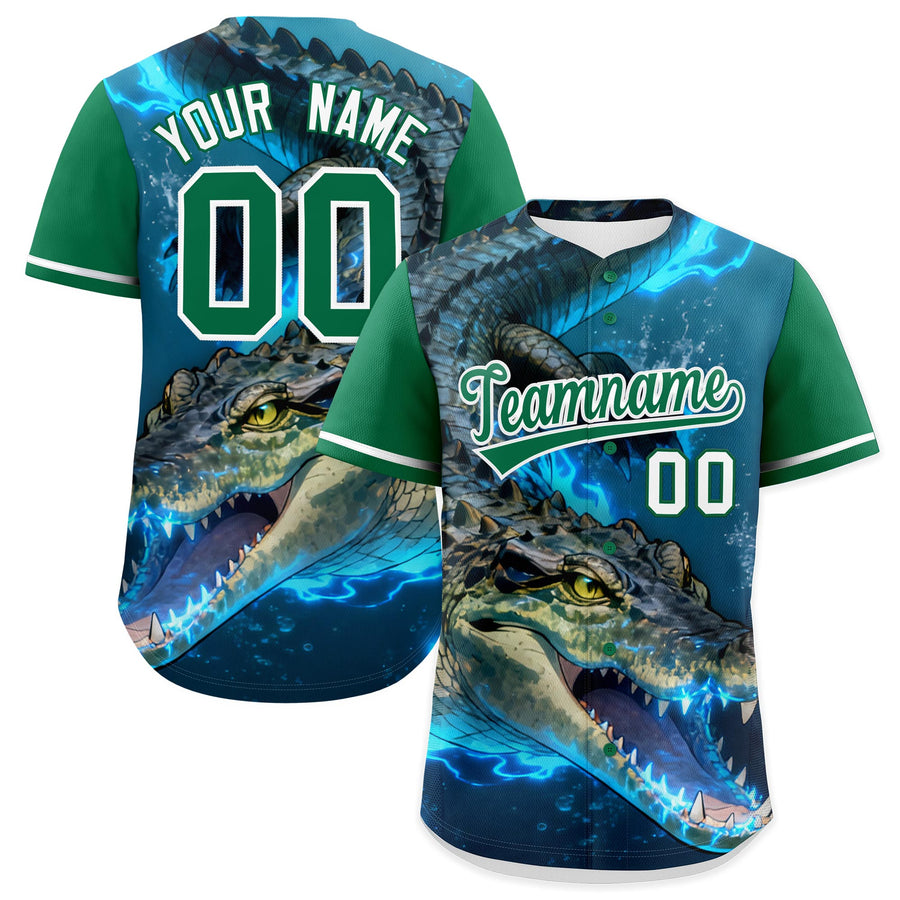 Custom Kelly Green White Crocodile Animal Series Personalization Graffiti Pattern Baseball Jersey | BuyFootballJersey