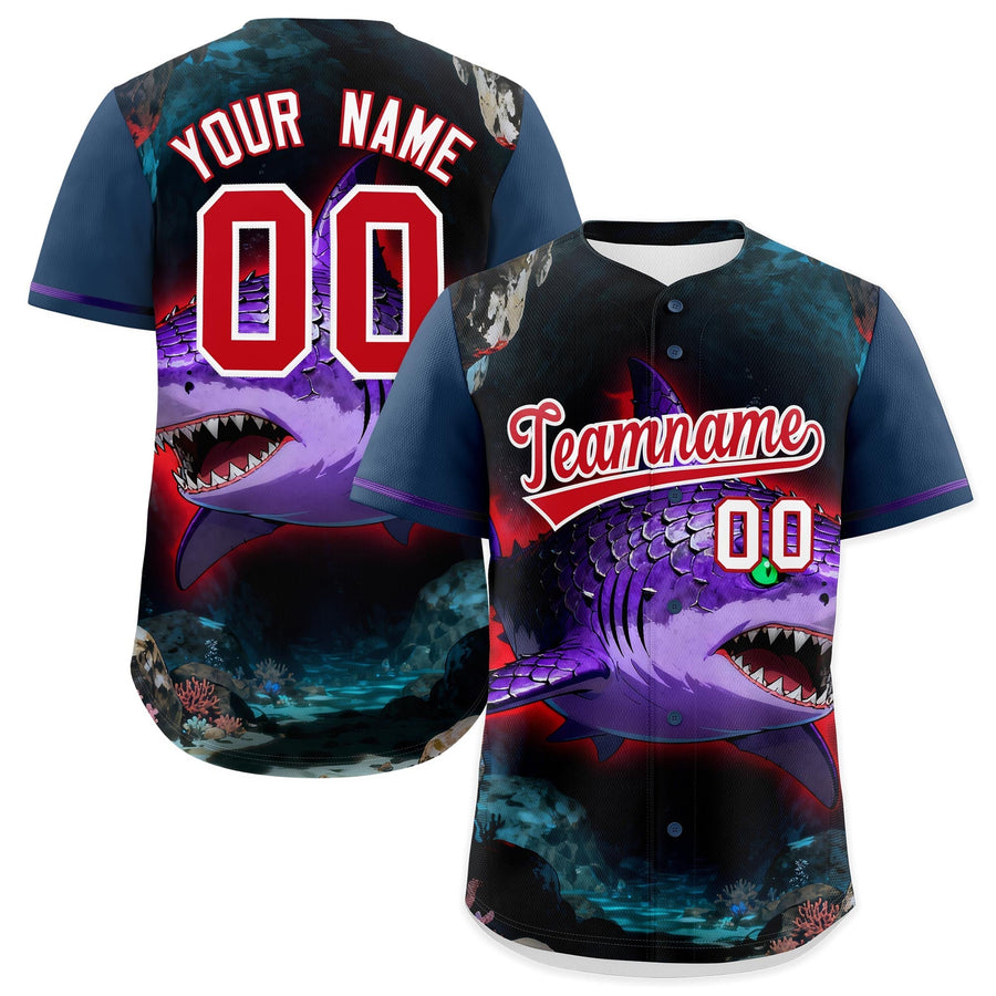 Custom Midnight Blue Red White Shark Animal Series Personalization Graffiti Pattern Baseball Jersey | BuyFootballJersey
