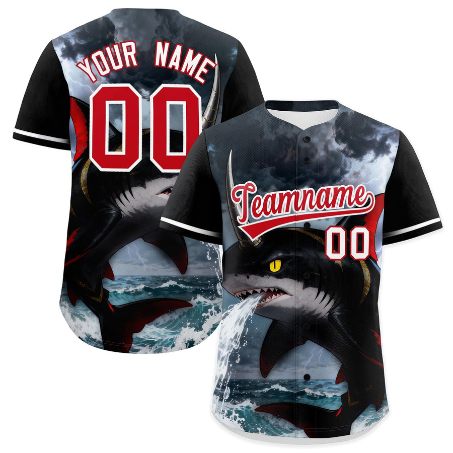 Custom Black White Red Shark Animal Series Personalization Graffiti Pattern Baseball Jersey | BuyFootballJersey