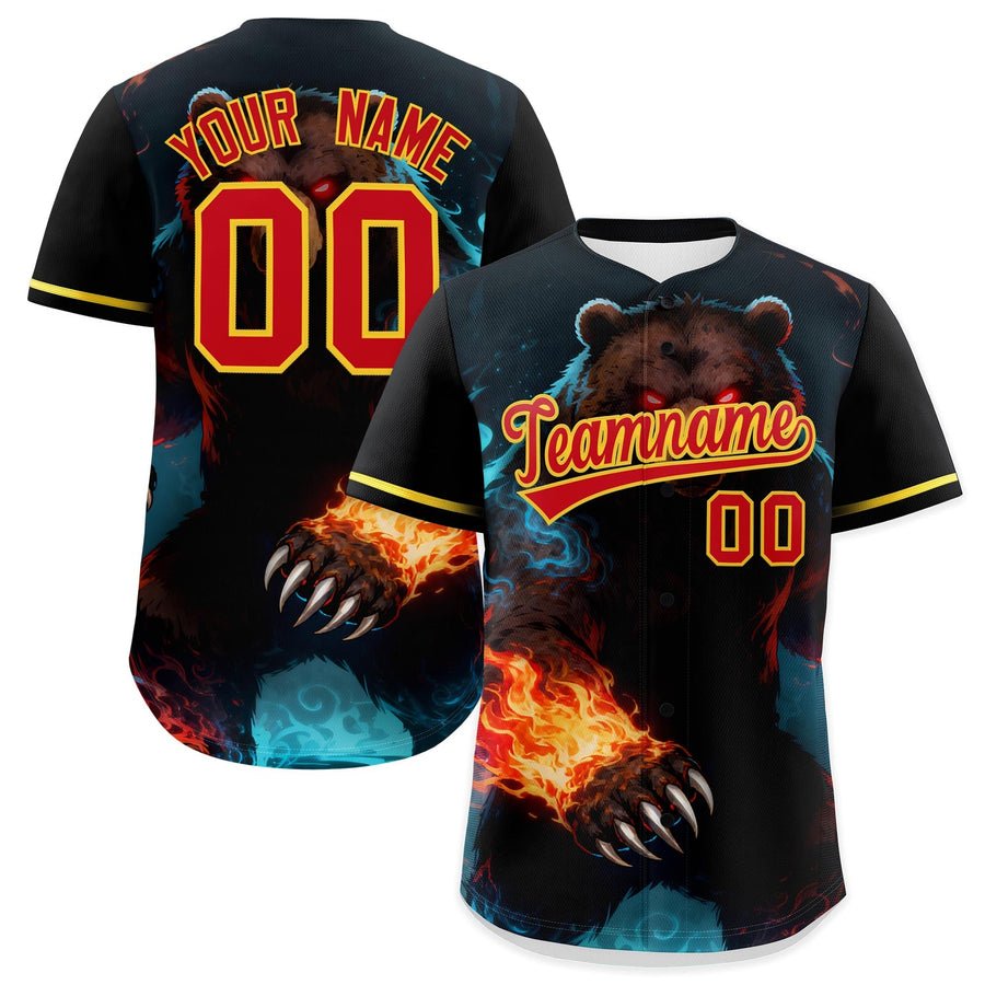 Custom Black Red Gold Bear Animal Series Personalization Graffiti Pattern Baseball Jersey | BuyFootballJersey