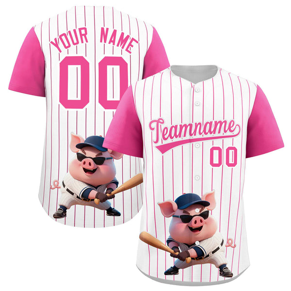 Custom White Pink Stripe Animals Graffiti Pattern Raglan Sleeves Baseball Jersey | BuyFootballJersey