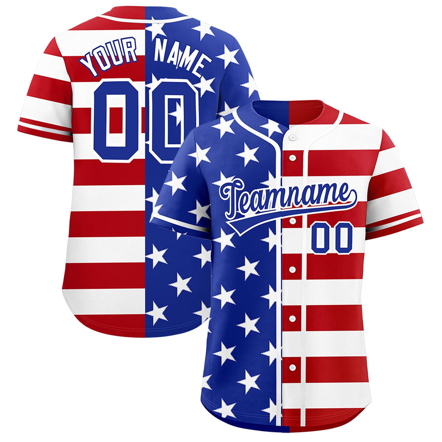 Custom Royal Blue Red White American Flag Graffiti Pattern Split Fashion Independence Day Stretch Fabric Baseball Jersey | BuyFootballJersey