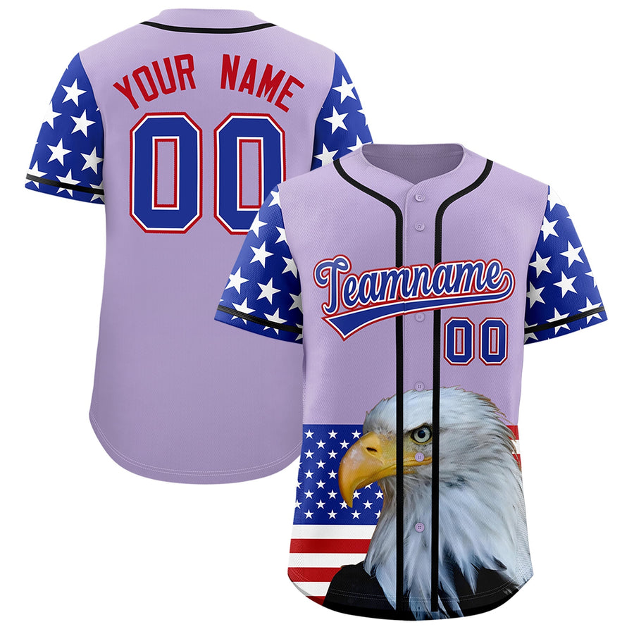 Custom Light Purple Royal Blue White American Flag Graffiti Pattern Split Fashion Independence Day Stretch Fabric Baseball Jersey | BuyFootballJersey