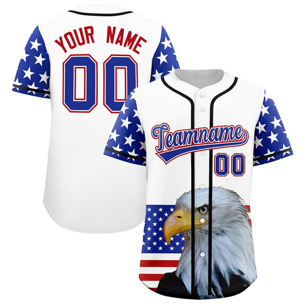 Custom White Royal Blue Red American Flag Graffiti Pattern Split Fashion Independence Day Quick Dry Baseball Jersey | BuyFootballJersey