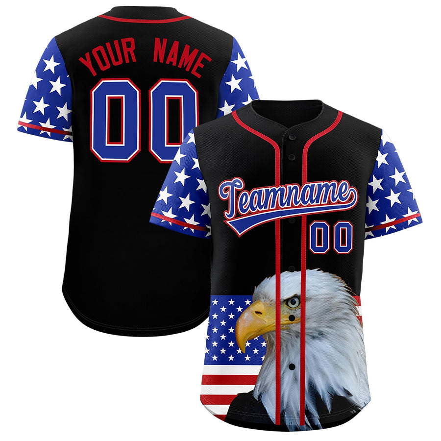 Custom Black Royal Blue White American Flag Graffiti Pattern Split Fashion Independence Day Stretch Fabric Baseball Jersey | BuyFootballJersey