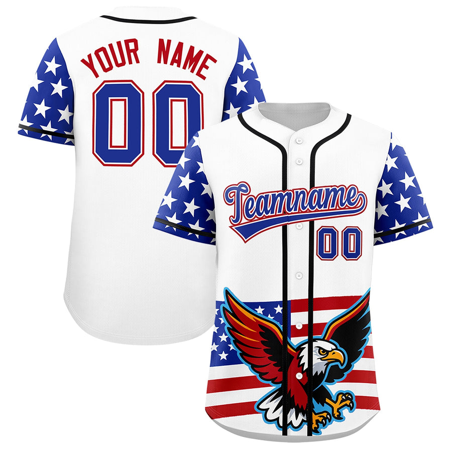 Custom White Royal Blue Red American Flag Graffiti Pattern Split Fashion Independence Day Quick Dry Baseball Jersey | BuyFootballJersey
