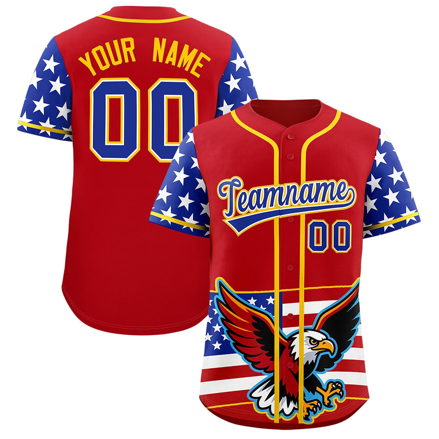 Custom Red Royal Blue White American Flag Graffiti Pattern Split Fashion Independence Day Stretch Fabric Baseball Jersey | BuyFootballJersey