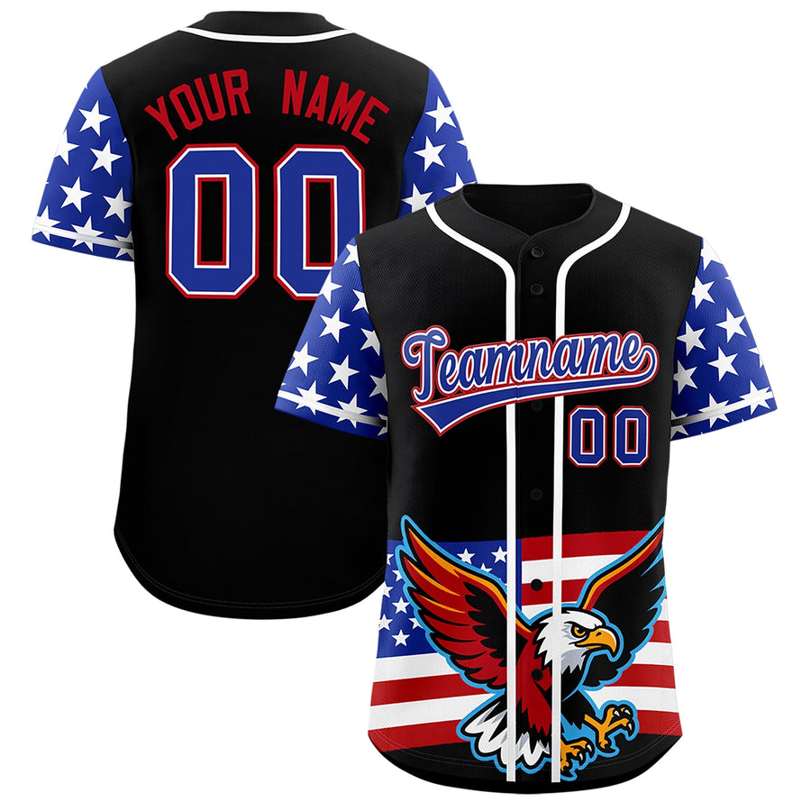 Custom Black Royal Blue White American Flag Graffiti Pattern Split Fashion Independence Day Stretch Fabric Baseball Jersey | BuyFootballJersey