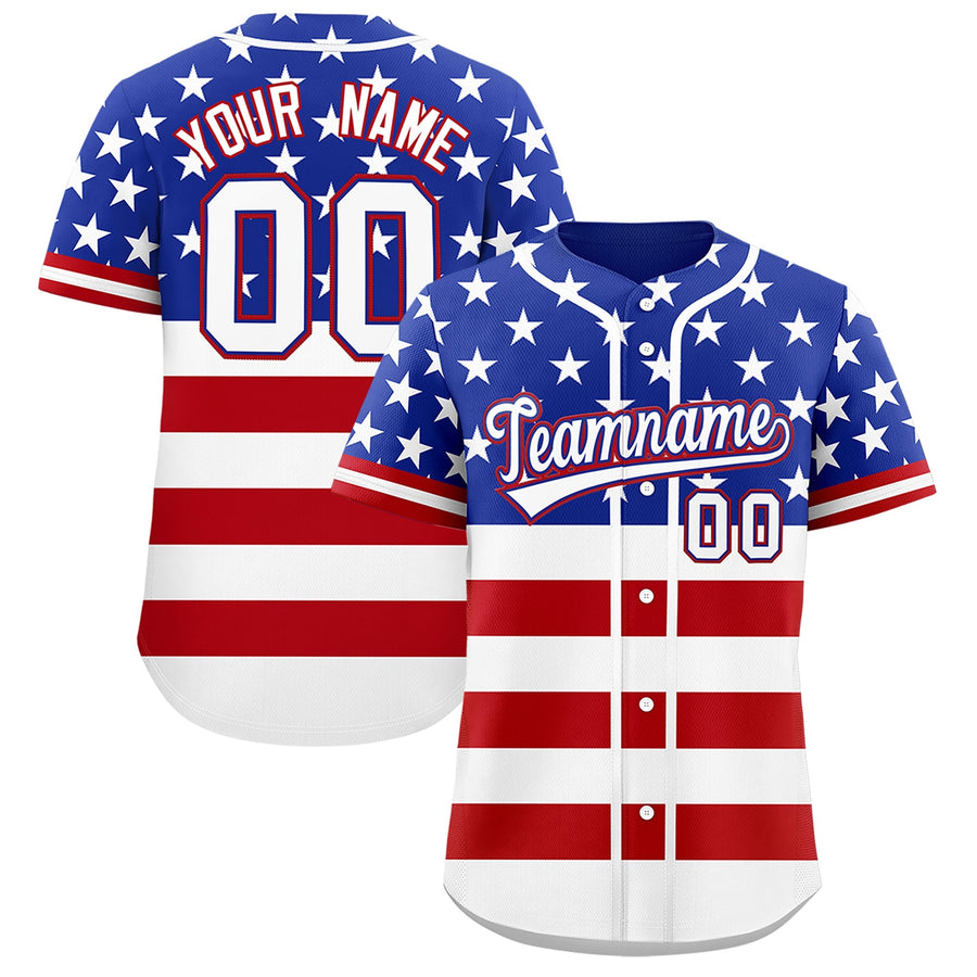 Custom Royal Blue Red White American Flag Graffiti Pattern Split Fashion Independence Day Quick Dry Baseball Jersey | BuyFootballJersey