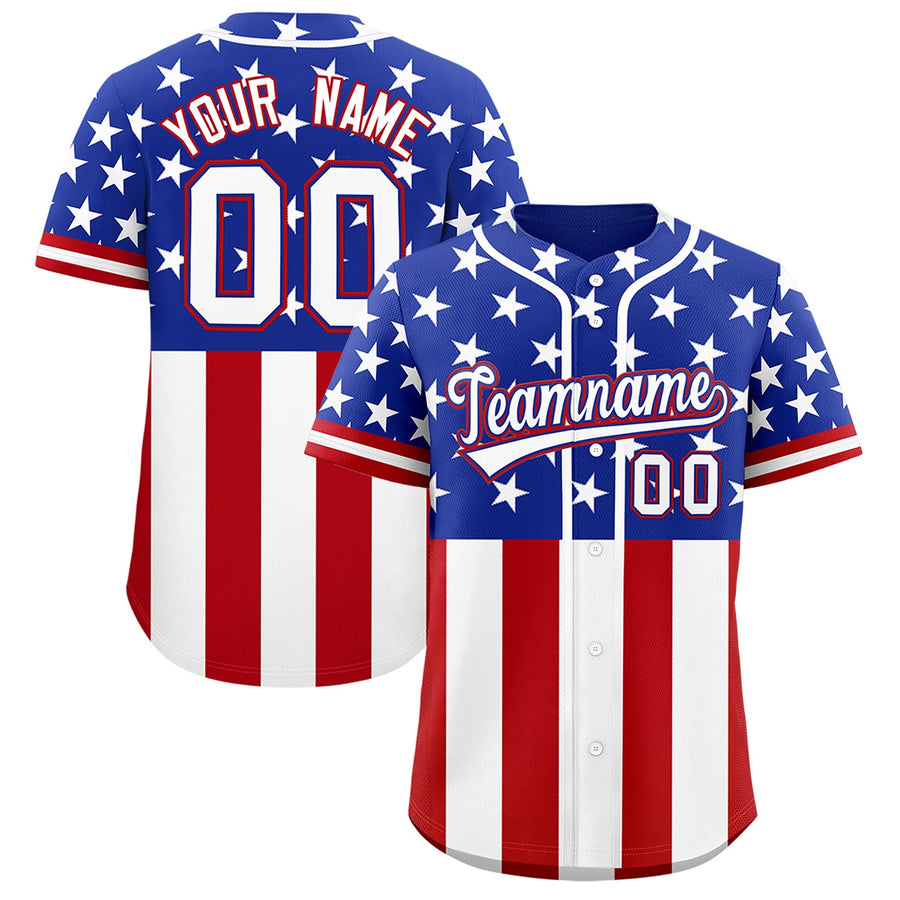 Custom Royal Blue Red White American Flag Graffiti Pattern Split Fashion Independence Day Stretch Fabric Baseball Jersey | BuyFootballJersey
