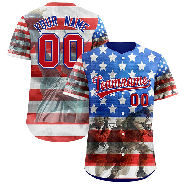 Custom White Royal Blue American Flag Graffiti Pattern Split Fashion Independence Day Quick Dry Baseball Jersey | BuyFootballJersey